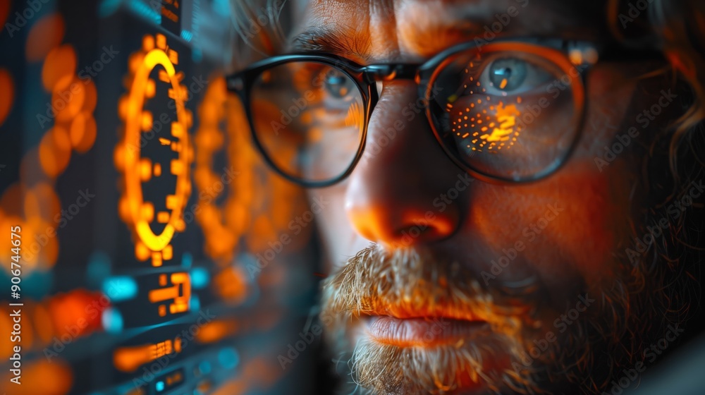 Poster analyst deep in financial data review. close-up of a financial analyst with glasses, meticulously re