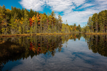 Fototapeta premium The calm water of Devils Lake near Land O Lakes, Wisconsin reflects the billowy clouds overhead in early October, directly leading to the distant shore.