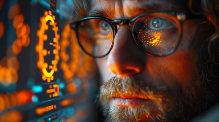 Analyst Deep in Financial Data Review. Close-up of a financial analyst with glasses, meticulously reviewing financial data on a computer screen with a focused expression.