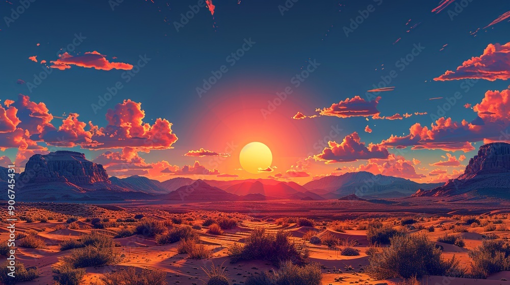 Poster Beautiful photograph of a desert landscape under a blazing sun with shifting weather patterns, capturing the harsh realities and impacts of climate change on arid environments. high resolution