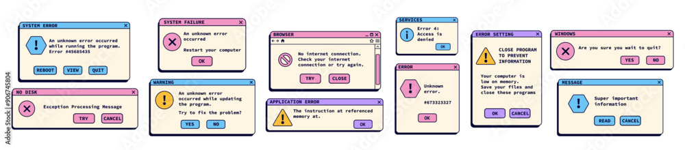 Poster nostalgic retro operating system illustrations. error retro windows with messages.