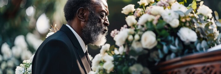 African American preacher conducting a funeral service at the graveyard next to a wooden coffin adorned with white flowers