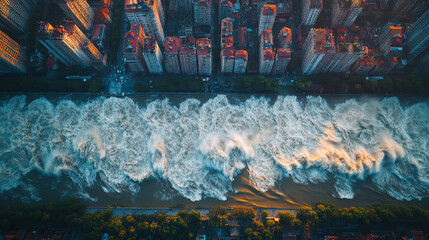 Aerial view of powerful river rapids flowing through cityscape, dramatic contrast between turbulent water and urban environment, high-rise buildings, intense motion, sunset light