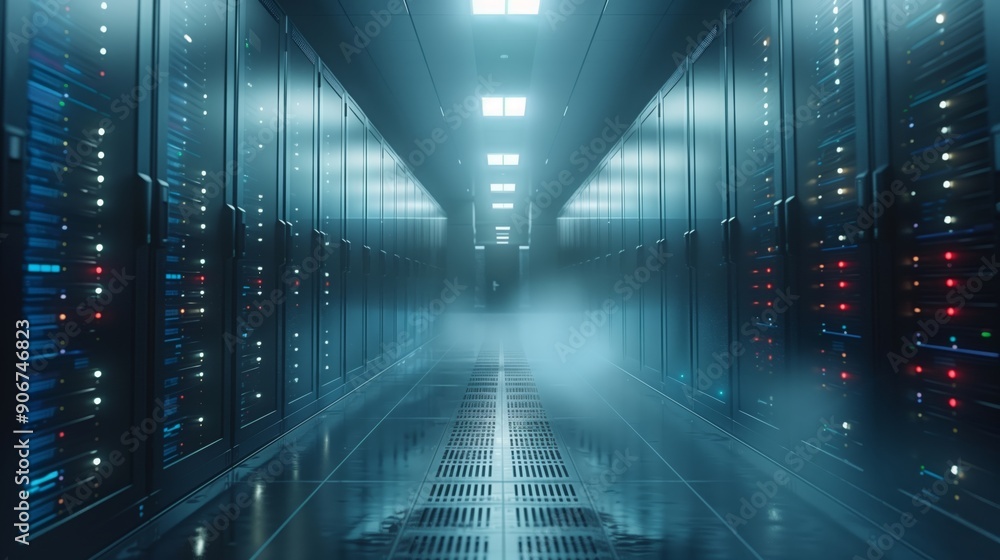 Poster a spacious server room features illuminated racks, glowing indicators, and a mysterious fog creating