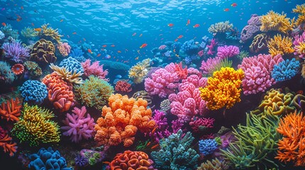 Naklejka premium A colorful coral reef scene underwater, emphasizing the impacts of global warming on marine ecosystems and the need for conservation and environmental protection. high resolution Illustration, in the