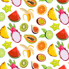 Tropical fruits on a transparent background.Vector seamless pattern with exotic fruits on a transparent background.