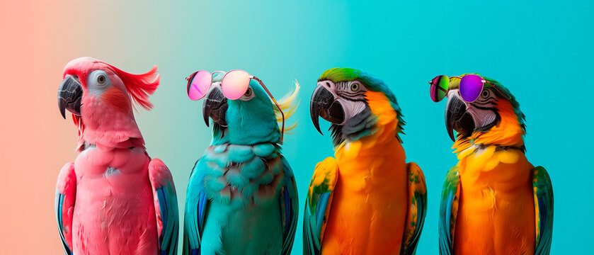 four parrots wearing sunglasses in front of a colorful background