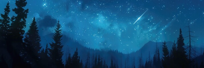 Night sky with shooting star aurora borealis and silhouetted conifer trees