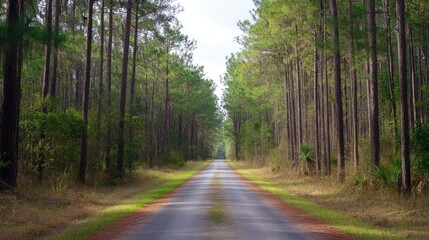 Fototapeta premium Into the Unknown: Scenic Road Vanishing Among Towering Pine Trees, Symbolizing Infinite Opportunities and Exploration
