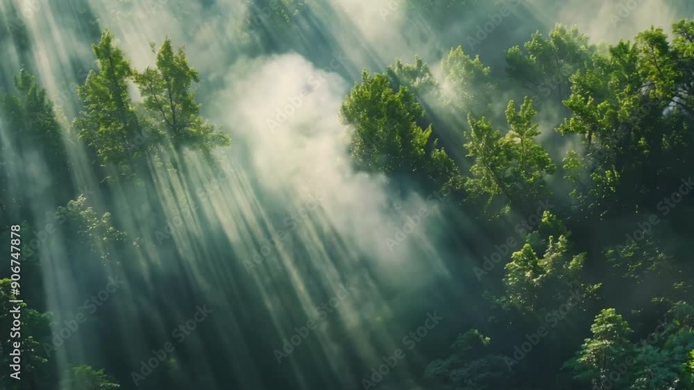 Poster early morning forest with dense fog, sunlight filtering through, creating a mystical atmosphere