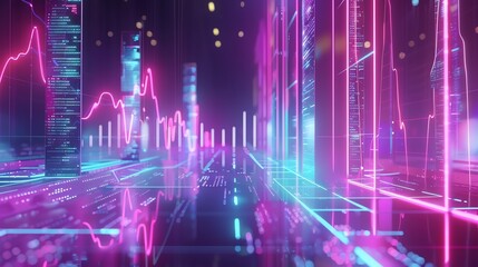 Business impact, holographic price reduction, futuristic financial crisis, neon tech design