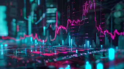 Holographic market drop, virtual business struggle, futuristic price decline, dark interface