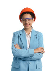 Engineer in hard hat and goggles on white background