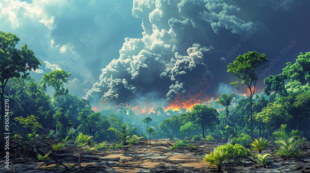 Poster A powerful image of a deforested area with smoke in the background, highlighting the urgent need for conservation and climate change action to protect natural habitats. high resolution Illustration,