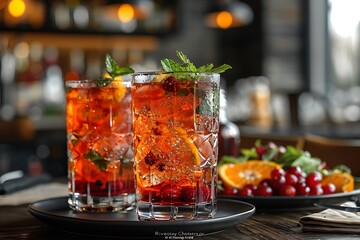 a group of glasses of liquid with ice and fruits on a table.

