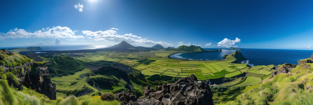 Panoramic View of Corvo Island's Green Fields and Coastal Landscape, Azores, Portugal