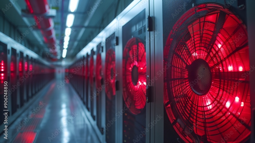 Poster a modern server room showcases advanced cooling systems with bright red led lights, emphasizing the 