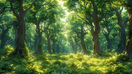 Obraz premium A serene forest with sunlight filtering through the trees, symbolizing the importance of earth conservation and the impact of climate change on natural habitats. high resolution Illustration, in the