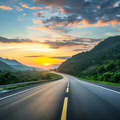 Winding asphalt highway road leading through a green mountain landscape at sunset