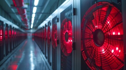 A modern server room showcases advanced cooling systems with bright red LED lights, emphasizing the importance of temperature control in technology.