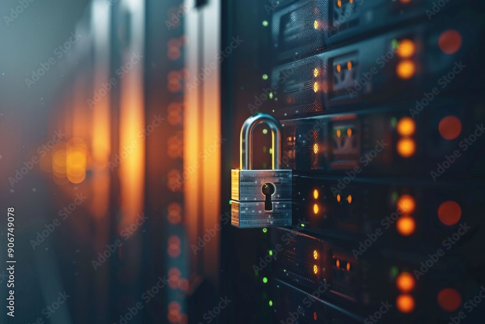 Aufkleber data center with a padlock on a server, showcasing security measures in a technology environment