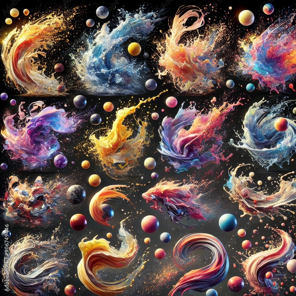Poster 3d animation of vibrant swirling abstract shapes with colorful splashes and spheres