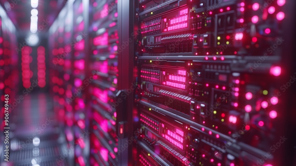 Poster rows of servers display vibrant red led lights in a high-tech data center during nighttime operation