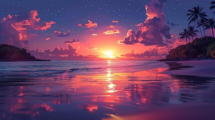 A serene sunset over a tropical beach, showcasing the beauty of nature and the importance of sustainability and climate action in preserving such environments. high resolution Illustration, in the