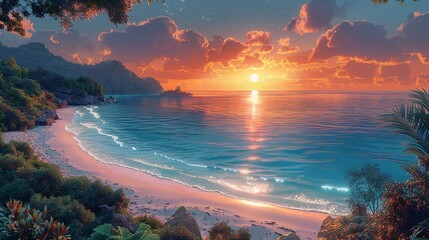 A serene sunset over a tropical beach, showcasing the beauty of nature and the importance of sustainability and climate action in preserving such environments. high resolution Illustration, in the