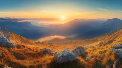 Obraz premium Majestic Mountain Range Sunrise with Fog and Rocks