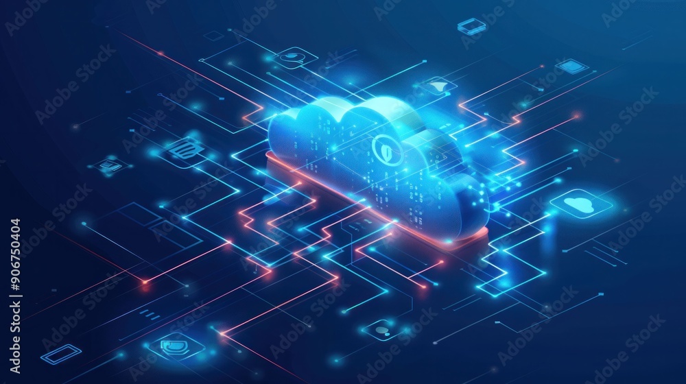 Poster abstract representation of cloud computing with glowing elements and digital connections in blue ton