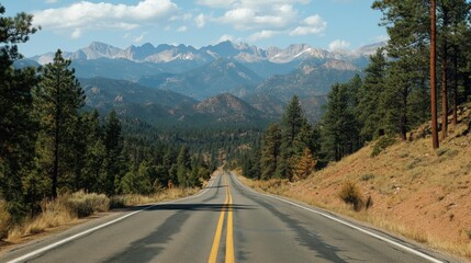 Majestic Mountain View: Scenic Road Surrounded by Pine Trees in a Nature's Grandeur Setting