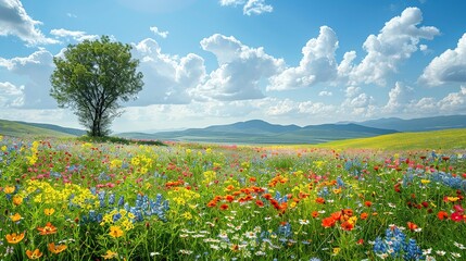 A vibrant spring meadow with wildflowers and blue skies, illustrating the beauty of nature and the importance of environmental protection and sustainability. high resolution Illustration, in the