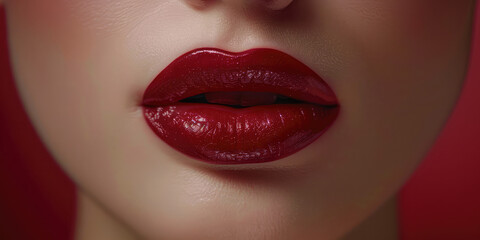 Obraz premium Close up of sensual big plump red female lips on simple colored background with copy space