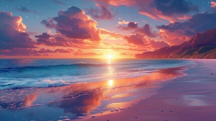 A vibrant sunset over a pristine beach, showcasing the beauty of nature and the importance of sustainability and climate action in preserving such landscapes. high resolution Illustration, in the