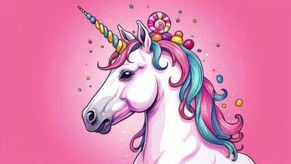 Fototapeta premium Vibrant unicorn with colorful hair on a pink background, surrounded by candy pieces.
