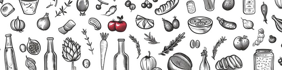 Simple line illustration design with charcoal doodles featuring dairy products herbs spices vegetables fruits pasta bread beans canned goods beer and wine