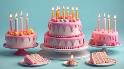 3D Rendering of birthday cake with candle in dark pastel theme concept of birthday party banner. 3D Render illustration.