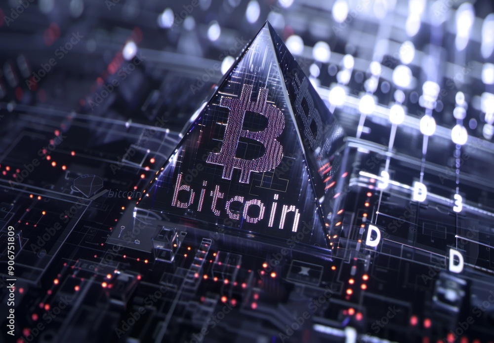 Poster Bitcoin logo over Bitcoin background with binary code and light effects. The text 