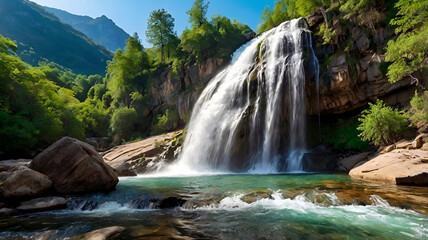Naklejka premium Beautiful mountain waterfalling background image and use it as your wallpaper. Ai generative