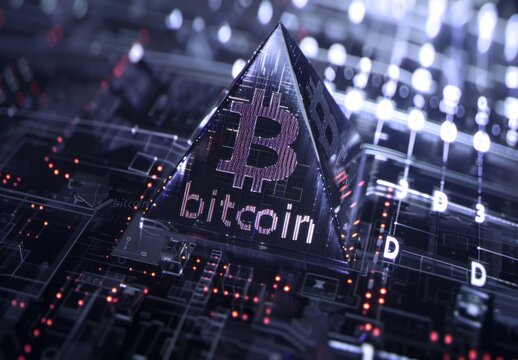 Bitcoin logo over Bitcoin background with binary code and light effects. The text "bitcoin" is written in silver letters on a geometric pyramid made of glass and metal.