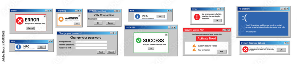 Poster retro desktop pop-up window with error message. old notification on isolated screen.