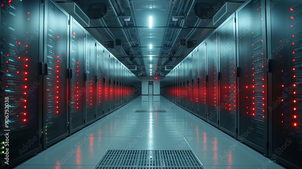 Poster a high-tech server room features illuminated cabinets lined with blinking lights, creating a vibrant