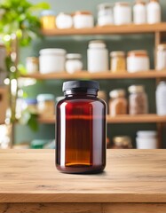 Mock-up Amber glass bottle on wood table with shelf full of bottles background 