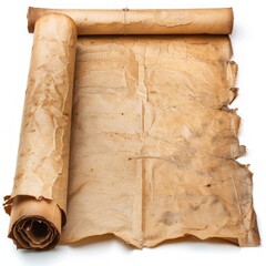 Vintage scroll opened papyrus, isolated on a white background, bright and vivid tonality, in the style of product photography