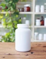 Mock up of white supplements bottle on wood table with bottle shelf background 