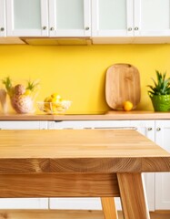 Part of wood island table in yellow kitchen background ,mock-up stand for product