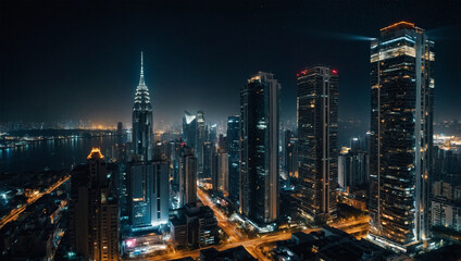 Naklejka premium A view of a sparkling metropolis at night with the lights of tall buildings.