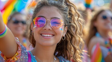 Cheerful Pride Celebration. Joyful young woman with rainbow face paint and colorful sunglasses at a pride parade, smiling brightly.