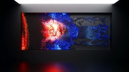3d render of abstract art video animation with surreal dark interior of exhibition with moving particles wall in wavy curve lines forms in mix neon glowing fluorescent blue purple red and orange color